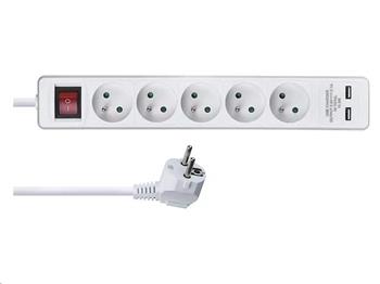 Prodlužovací kabel EMOS P1513RU s vypínačem – 5 zásuvek, 3m, bílý, 2× USB